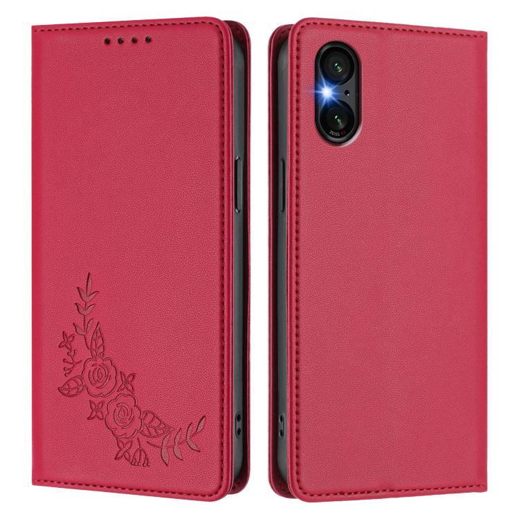 For Sony Xperia 5 VI Peony Embossed Magnetic RFID Vegan Leather Phone Case