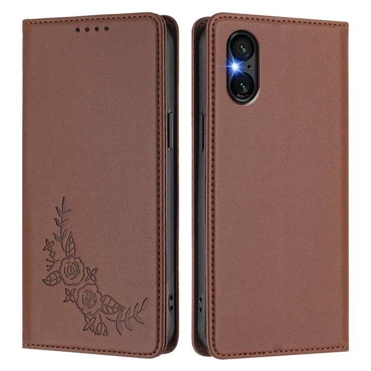 For Sony Xperia 5 VI Peony Embossed Magnetic RFID Vegan Leather Phone Case