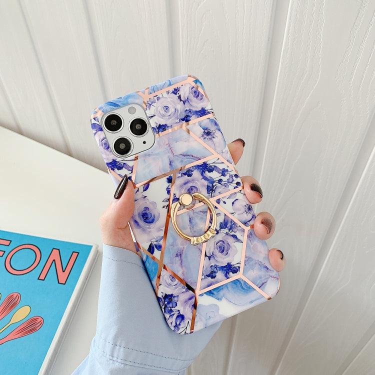 For iPhone 12 / 12 Pro Plating Splicing Pattern Soft TPU Protective Case With Stand Ring Holder