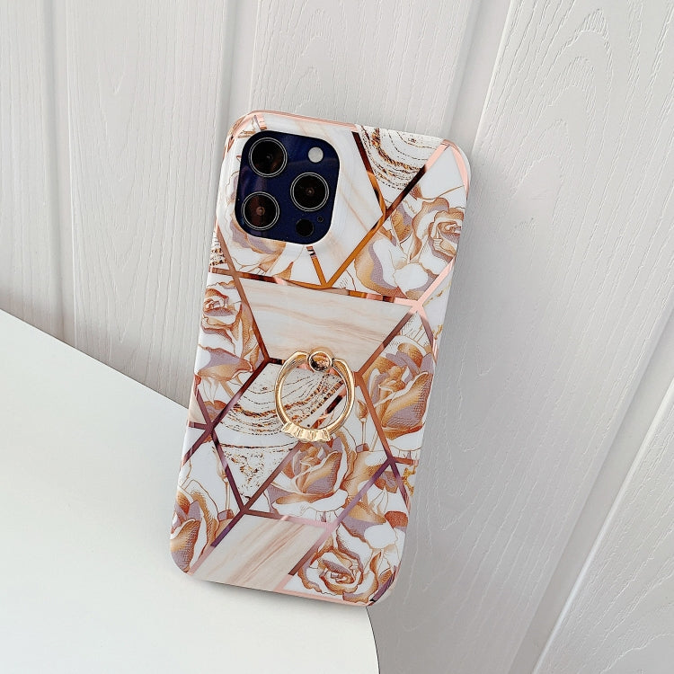 For iPhone 12 / 12 Pro Plating Splicing Pattern Soft TPU Protective Case With Stand Ring Holder