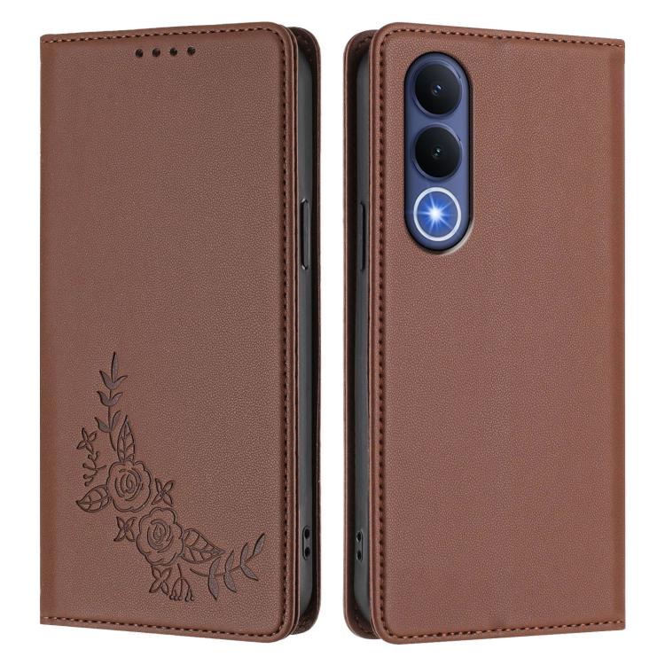 For vivo V70 FE Peony Embossed Magnetic RFID Vegan Leather Phone Case