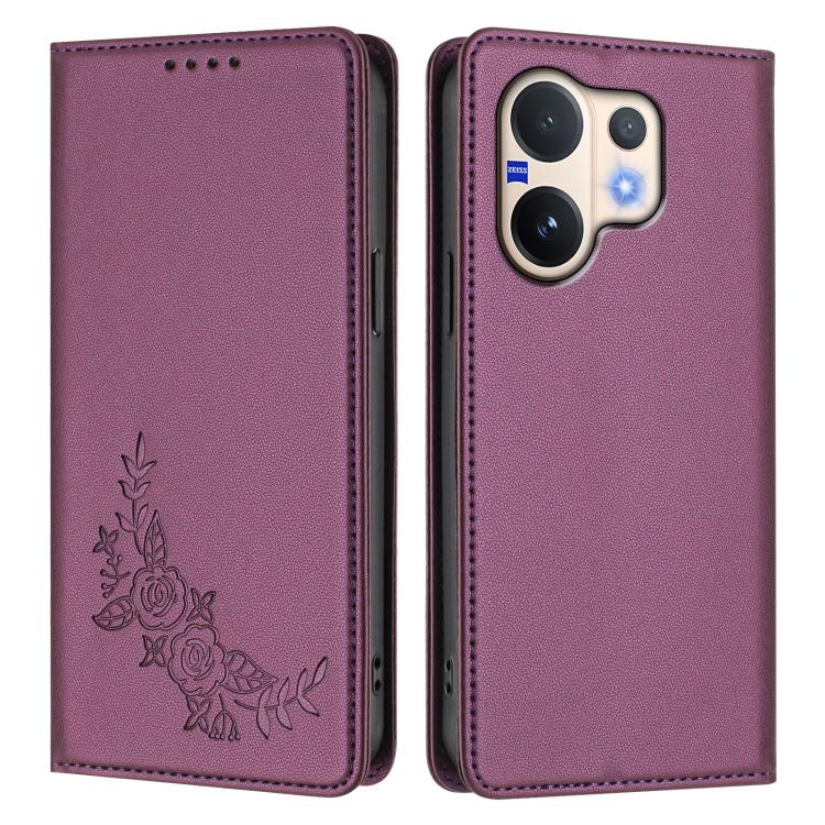 For vivo V60 5G / V60e 5G Global Peony Embossed Magnetic RFID Vegan Leather Phone Case