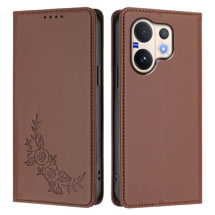 For vivo V60 5G / V60e 5G Global Peony Embossed Magnetic RFID Vegan Leather Phone Case