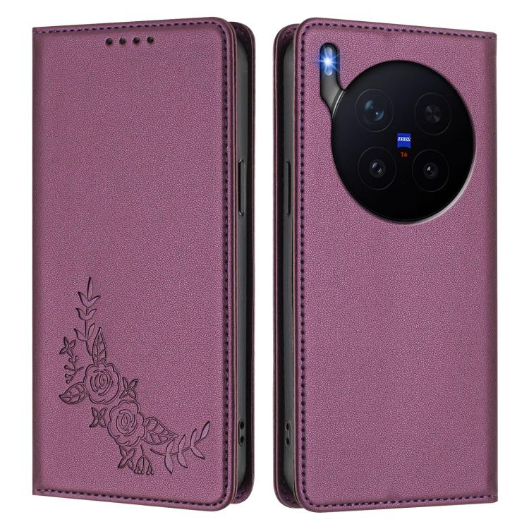 For vivo X300 Pro Peony Embossed Magnetic RFID Vegan Leather Phone Case