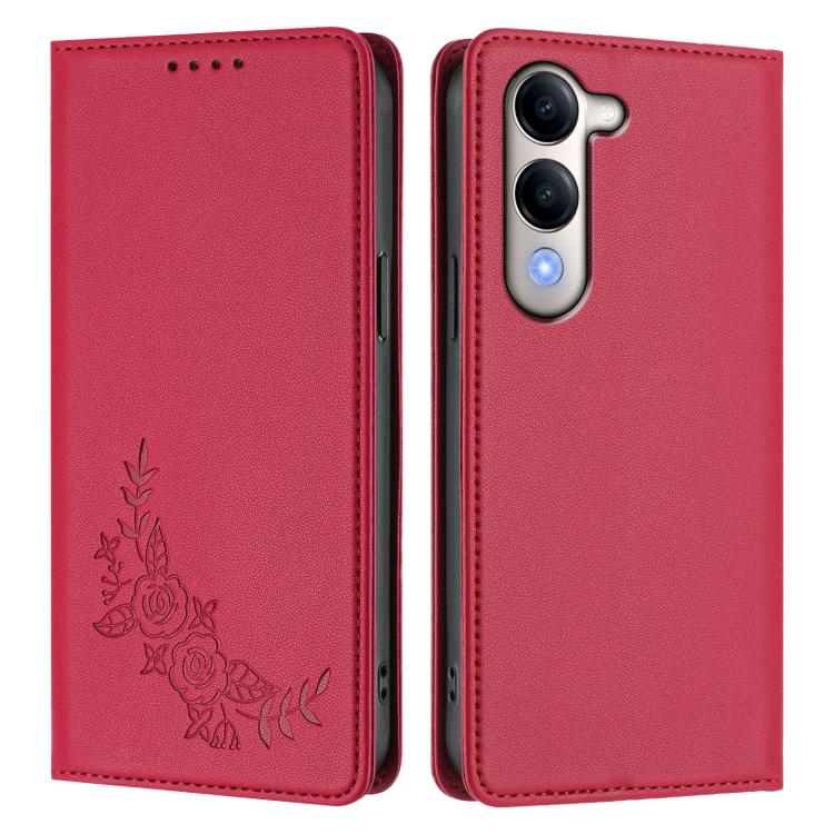 For vivo Y29s 5G Global / Y19 5G India Peony Embossed Magnetic RFID Vegan Leather Phone Case
