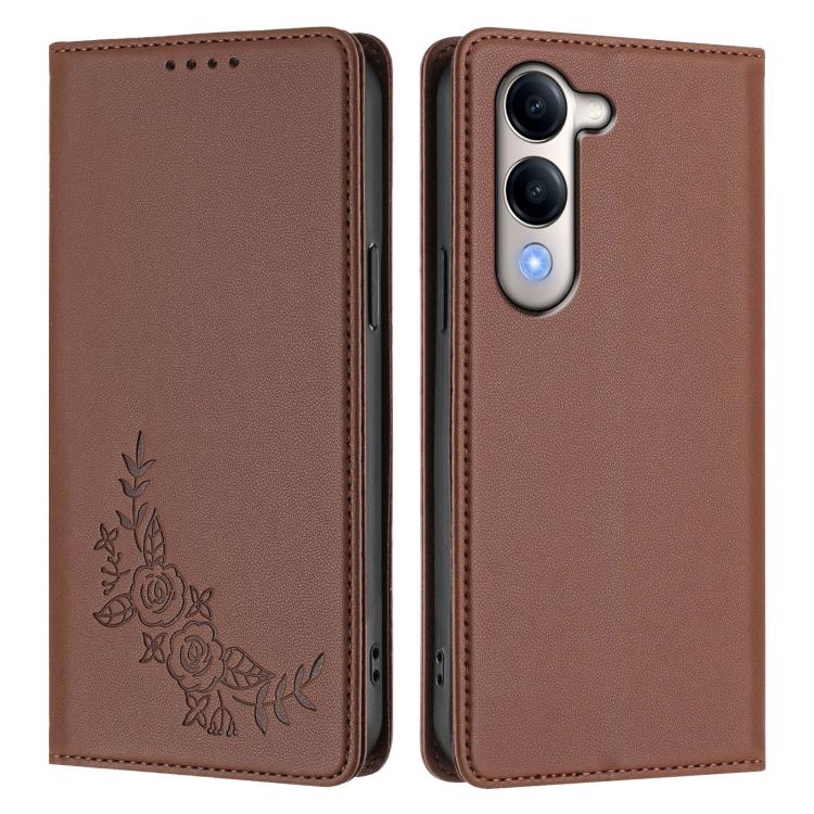 For vivo Y29s 5G Global / Y19 5G India Peony Embossed Magnetic RFID Vegan Leather Phone Case