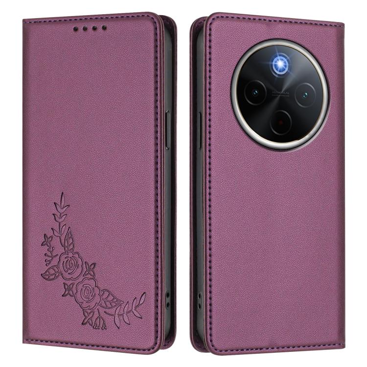 For vivo Y300 Pro+ 5G / T4 5G Peony Embossed Magnetic RFID Vegan Leather Phone Case