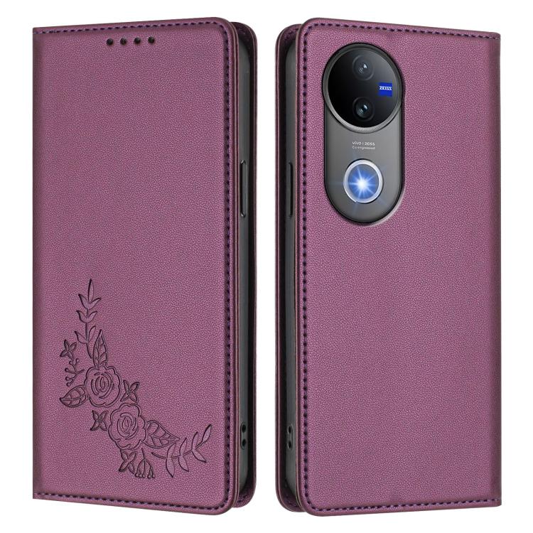 For vivo V50 5G Global / V50e 5G Peony Embossed Magnetic RFID Vegan Leather Phone Case
