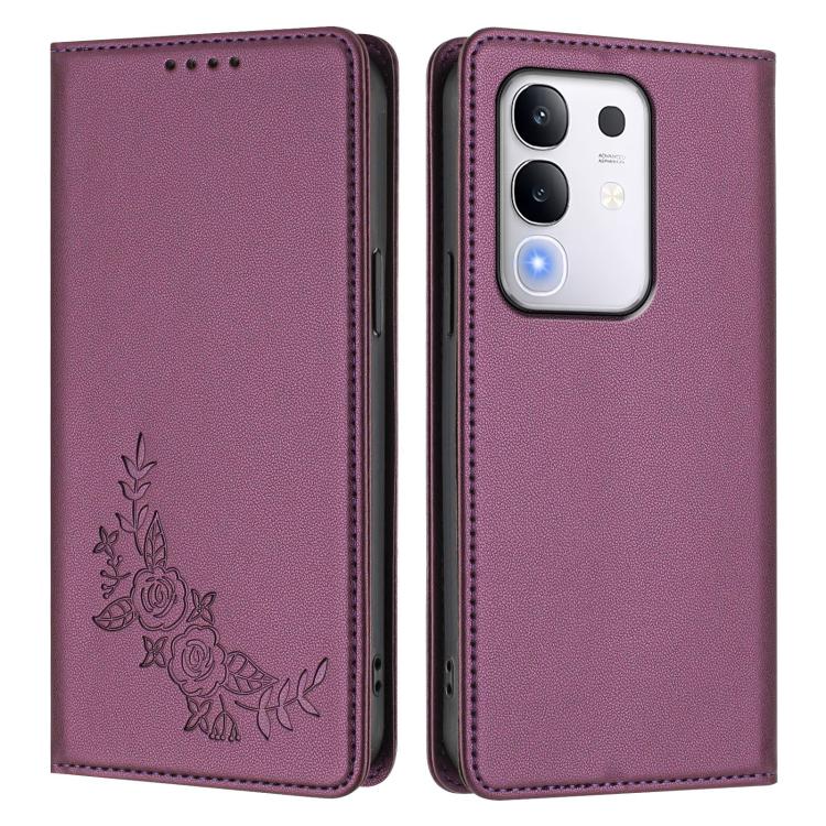 For vivo Y29 4G Global / T4x 5G / Y300T 5G Peony Embossed Magnetic RFID Vegan Leather Phone Case