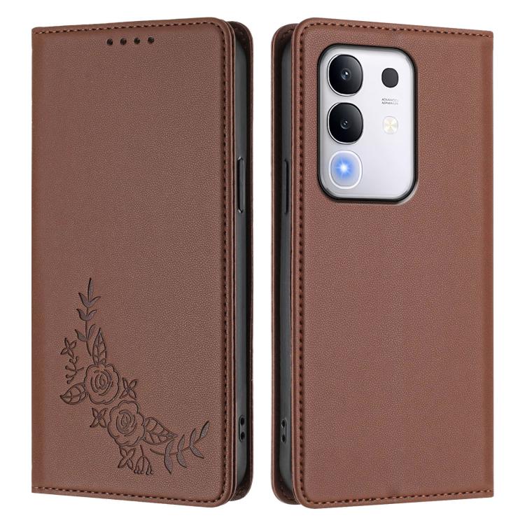 For vivo Y29 4G Global / T4x 5G / Y300T 5G Peony Embossed Magnetic RFID Vegan Leather Phone Case
