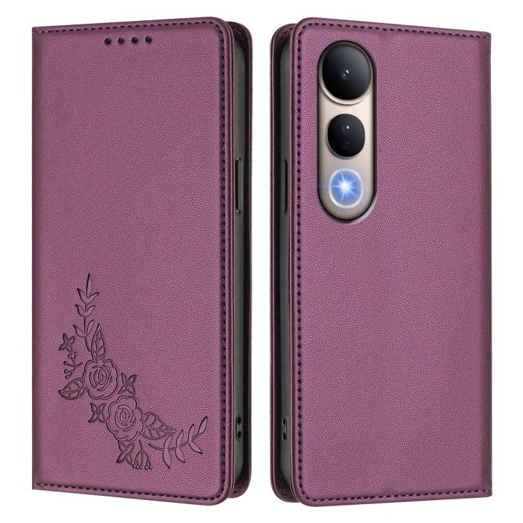 For vivo V50 Lite 5G / 4G Global Peony Embossed Magnetic RFID Vegan Leather Phone Case