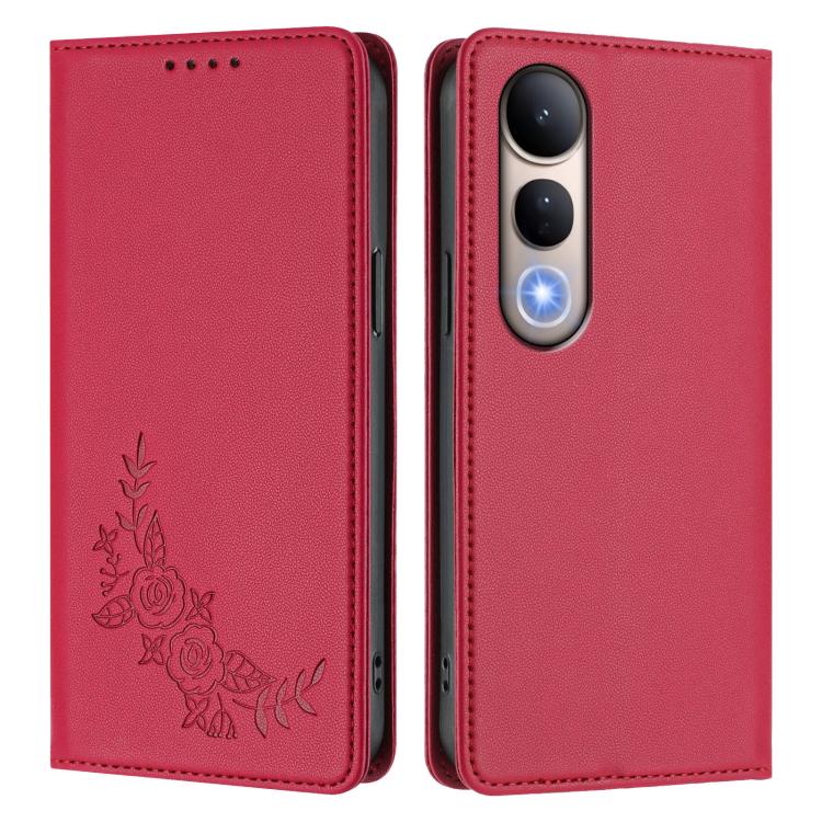 For vivo V50 Lite 5G / 4G Global Peony Embossed Magnetic RFID Vegan Leather Phone Case