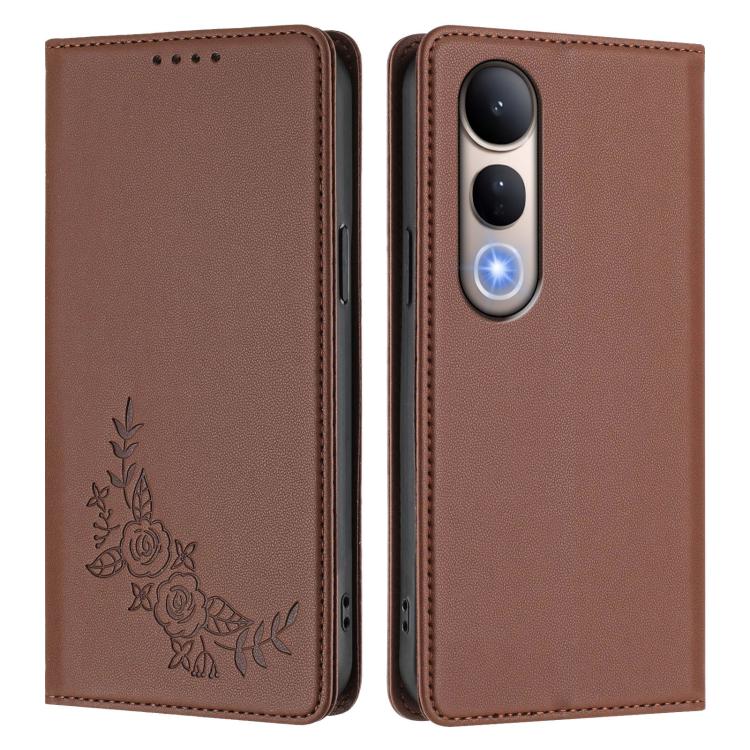 For vivo V50 Lite 5G / 4G Global Peony Embossed Magnetic RFID Vegan Leather Phone Case