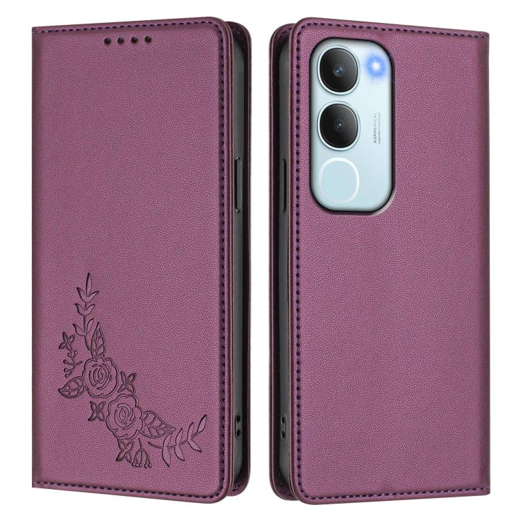 For vivo Y19s 4G Global / Y29 5G India Peony Embossed Magnetic RFID Vegan Leather Phone Case