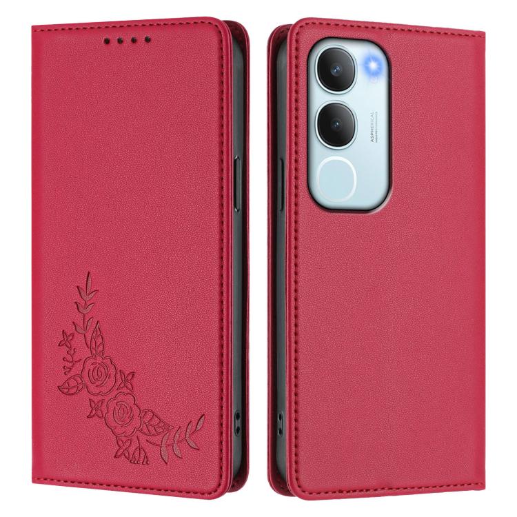 For vivo Y19s 4G Global / Y29 5G India Peony Embossed Magnetic RFID Vegan Leather Phone Case
