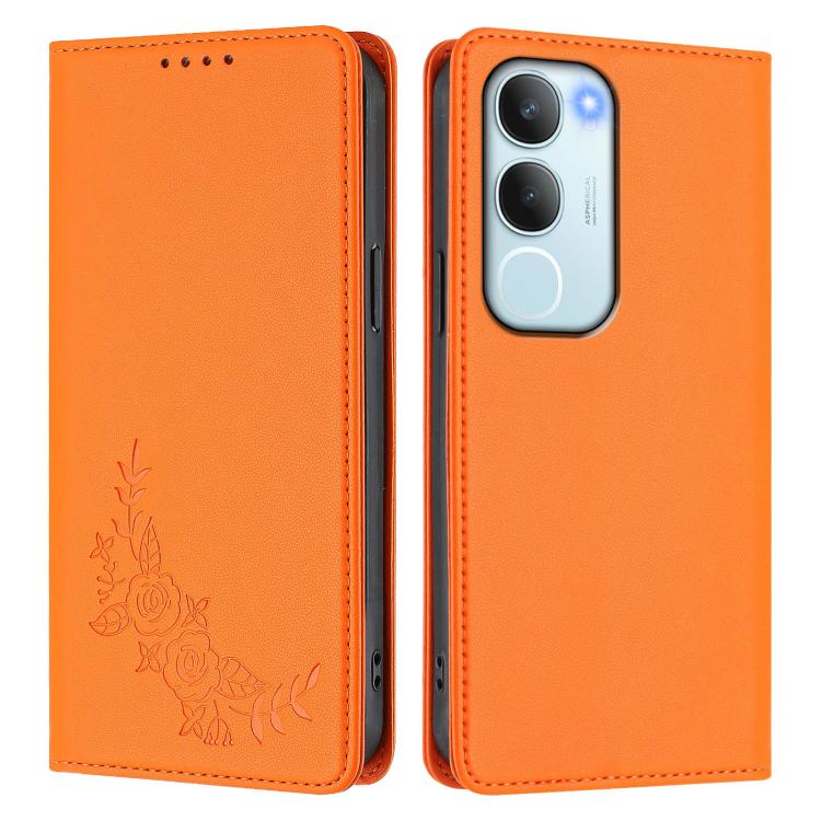 For vivo Y19s 4G Global / Y29 5G India Peony Embossed Magnetic RFID Vegan Leather Phone Case