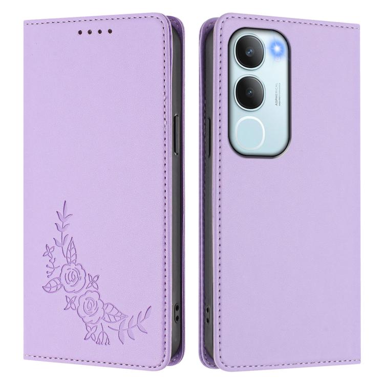 For vivo Y19s 4G Global / Y29 5G India Peony Embossed Magnetic RFID Vegan Leather Phone Case