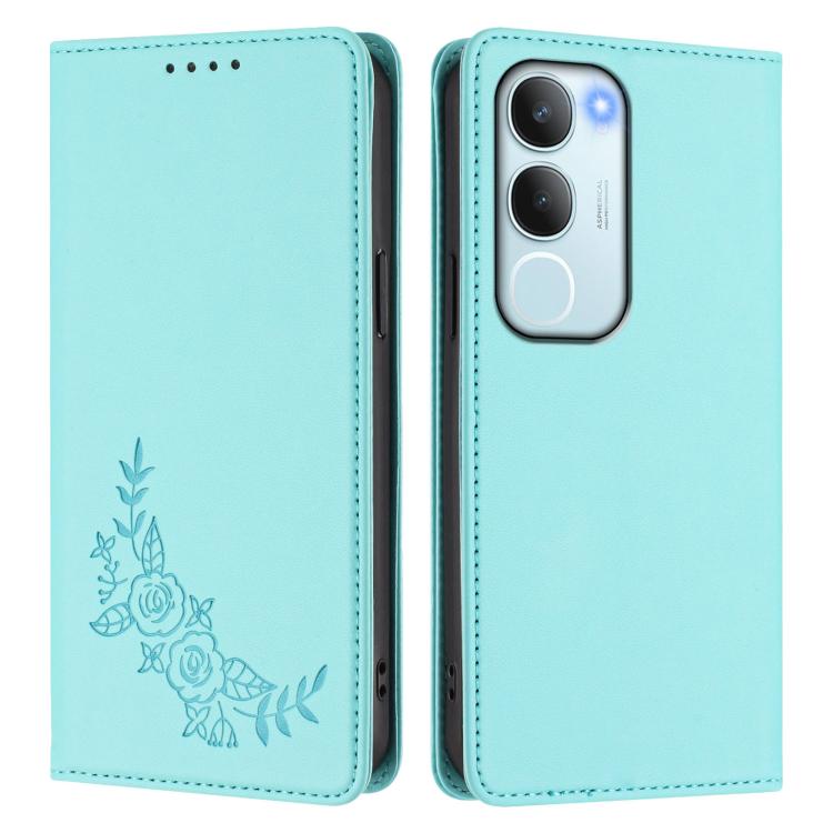 For vivo Y19s 4G Global / Y29 5G India Peony Embossed Magnetic RFID Vegan Leather Phone Case