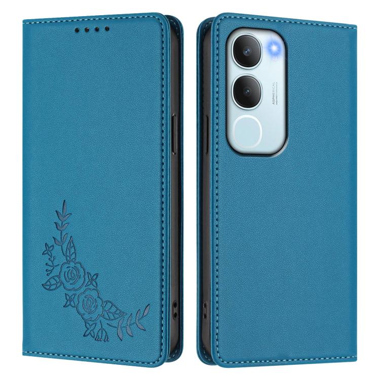 For vivo Y19s 4G Global / Y29 5G India Peony Embossed Magnetic RFID Vegan Leather Phone Case