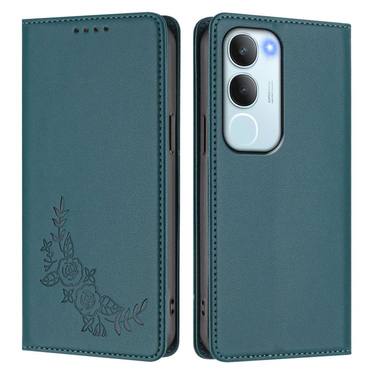 For vivo Y19s 4G Global / Y29 5G India Peony Embossed Magnetic RFID Vegan Leather Phone Case