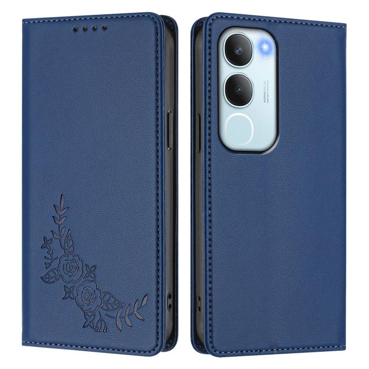 For vivo Y19s 4G Global / Y29 5G India Peony Embossed Magnetic RFID Vegan Leather Phone Case