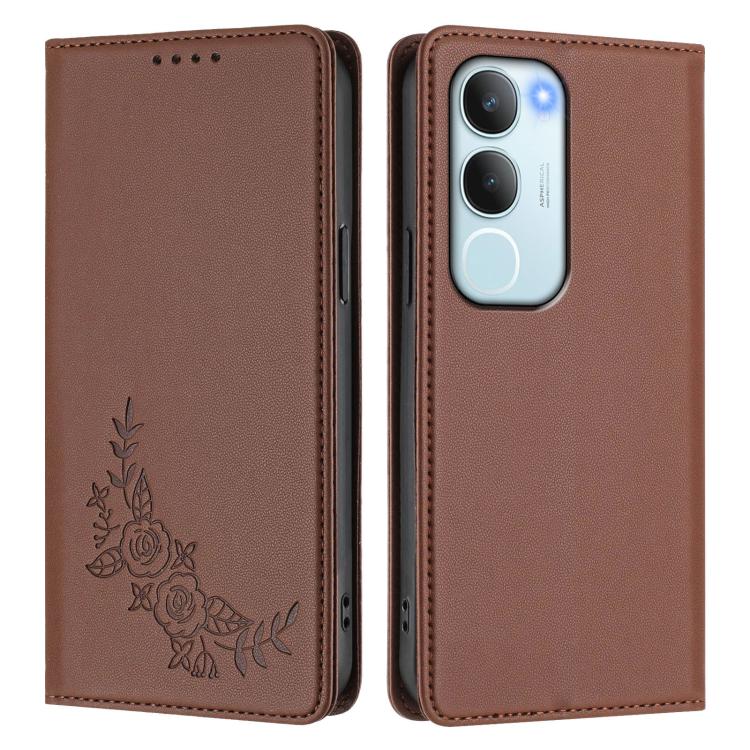 For vivo Y19s 4G Global / Y29 5G India Peony Embossed Magnetic RFID Vegan Leather Phone Case