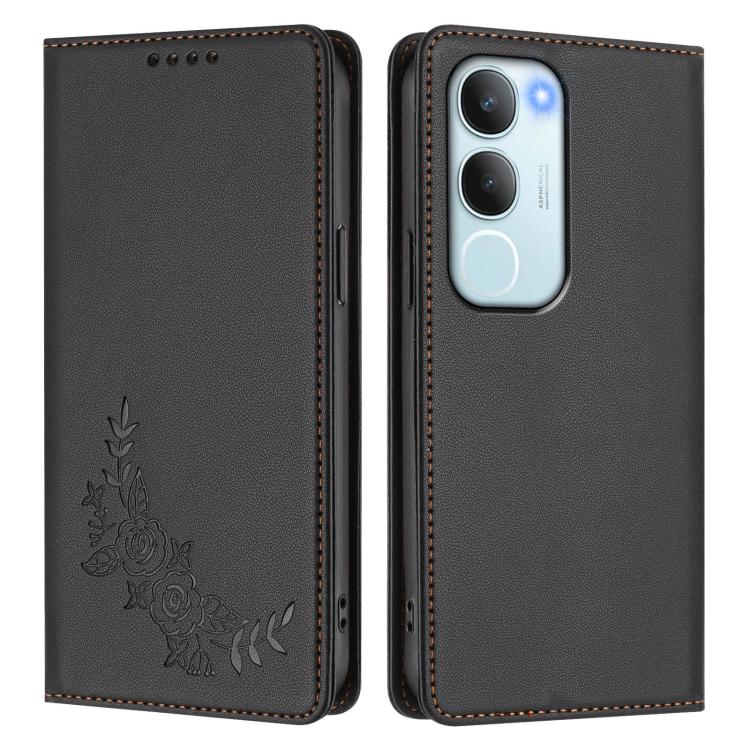 For vivo Y19s 4G Global / Y29 5G India Peony Embossed Magnetic RFID Vegan Leather Phone Case