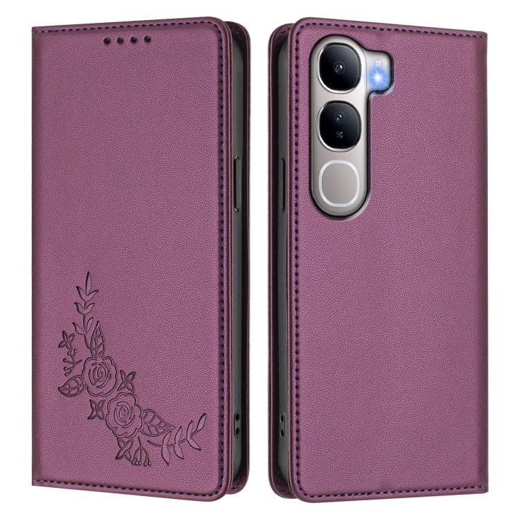 For vivo Y300 5G IDN / V40 Lite 5G / 4G IDN Peony Embossed Magnetic RFID Vegan Leather Phone Case