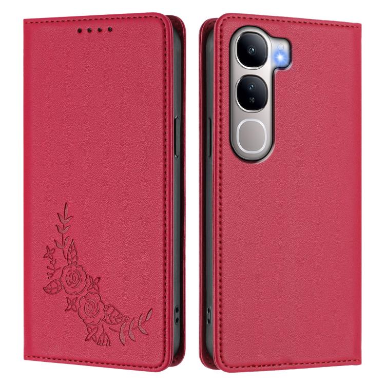 For vivo Y300 5G IDN / V40 Lite 5G / 4G IDN Peony Embossed Magnetic RFID Vegan Leather Phone Case