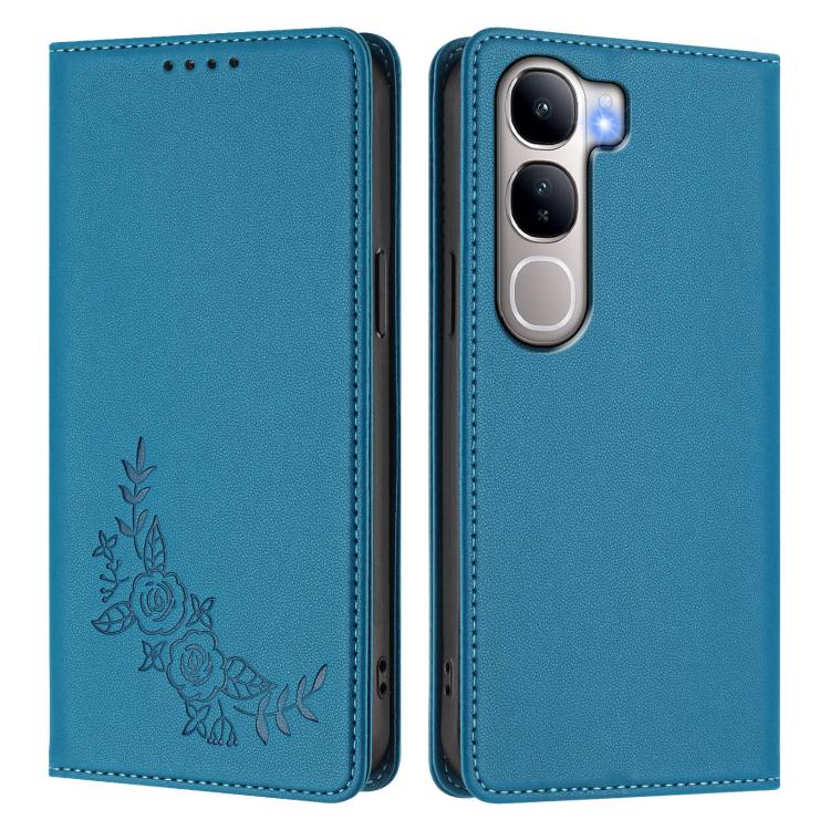 For vivo Y300 5G IDN / V40 Lite 5G / 4G IDN Peony Embossed Magnetic RFID Vegan Leather Phone Case