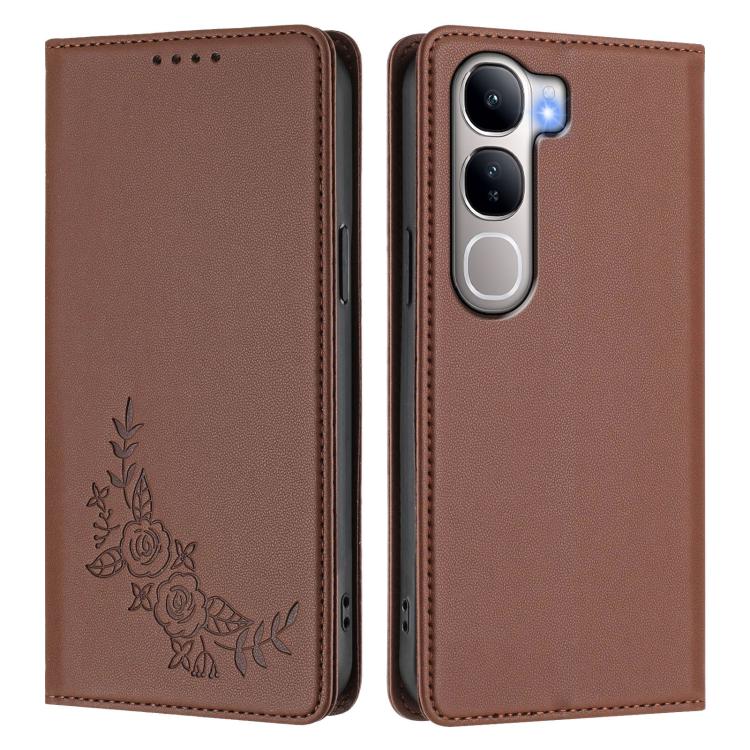 For vivo Y300 5G IDN / V40 Lite 5G / 4G IDN Peony Embossed Magnetic RFID Vegan Leather Phone Case