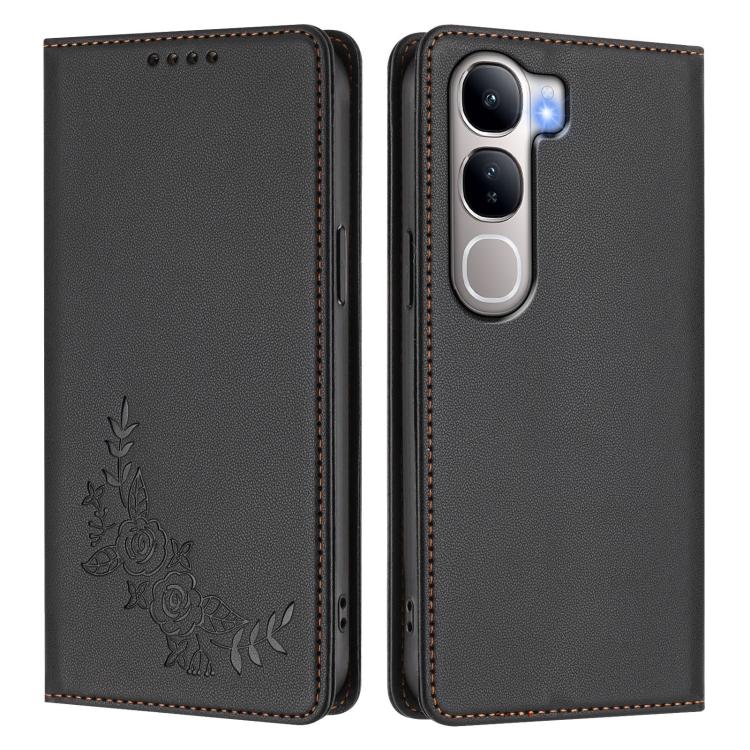 For vivo Y300 5G IDN / V40 Lite 5G / 4G IDN Peony Embossed Magnetic RFID Vegan Leather Phone Case