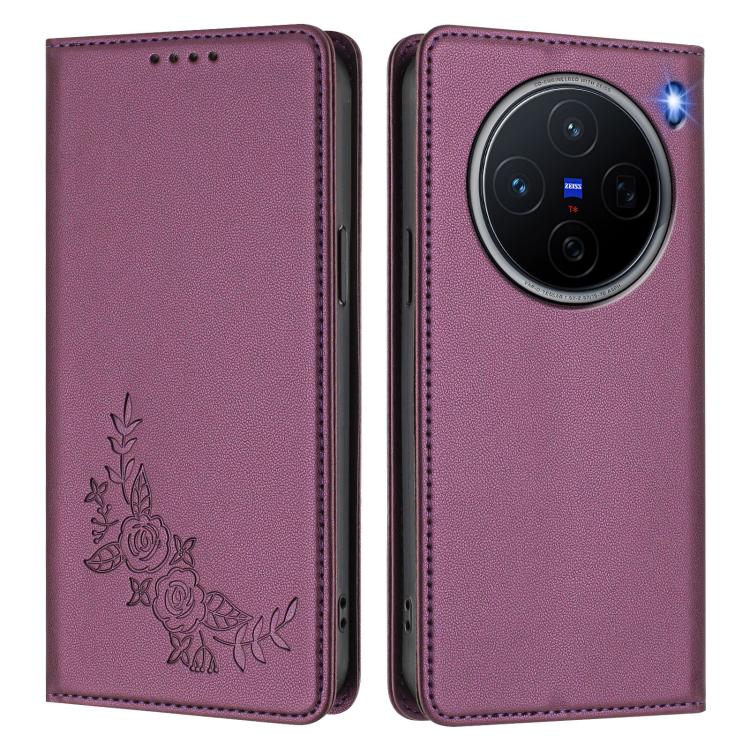 For vivo X200 5G Peony Embossed Magnetic RFID Vegan Leather Phone Case