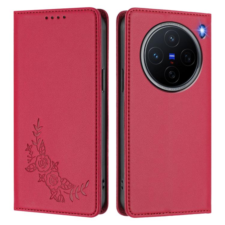 For vivo X200 5G Peony Embossed Magnetic RFID Vegan Leather Phone Case