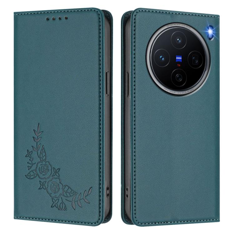 For vivo X200 5G Peony Embossed Magnetic RFID Vegan Leather Phone Case