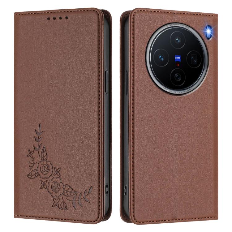 For vivo X200 5G Peony Embossed Magnetic RFID Vegan Leather Phone Case