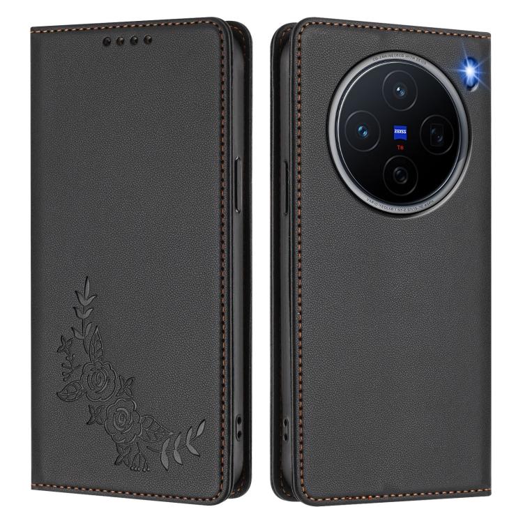 For vivo X200 5G Peony Embossed Magnetic RFID Vegan Leather Phone Case