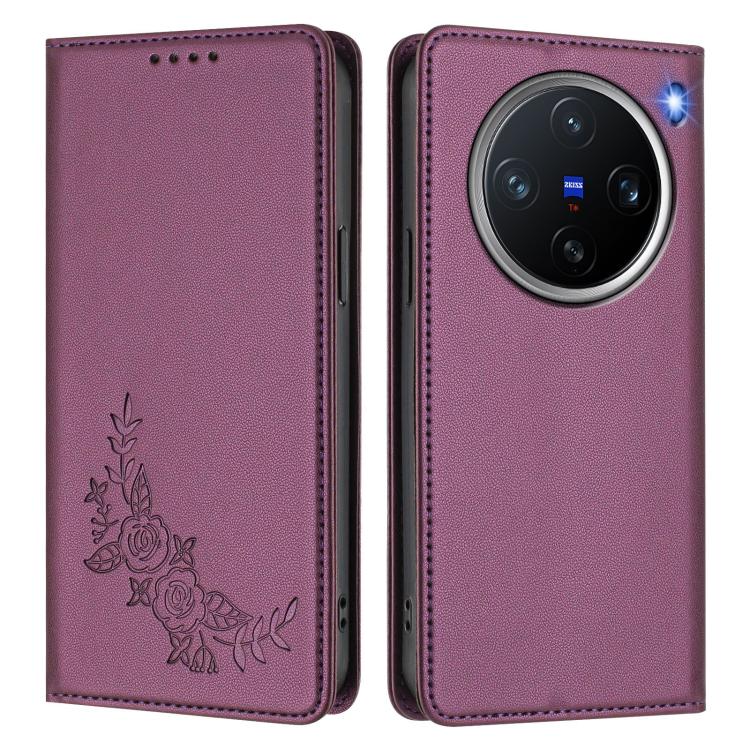 For vivo X200 Pro mini Peony Embossed Magnetic RFID Vegan Leather Phone Case
