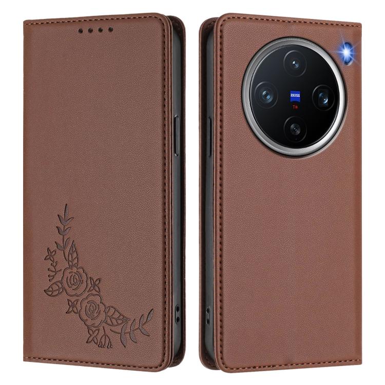 For vivo X200 Pro mini Peony Embossed Magnetic RFID Vegan Leather Phone Case