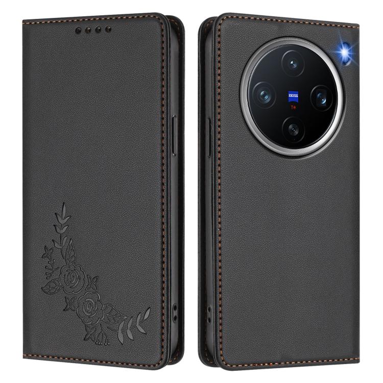 For vivo X200 Pro mini Peony Embossed Magnetic RFID Vegan Leather Phone Case