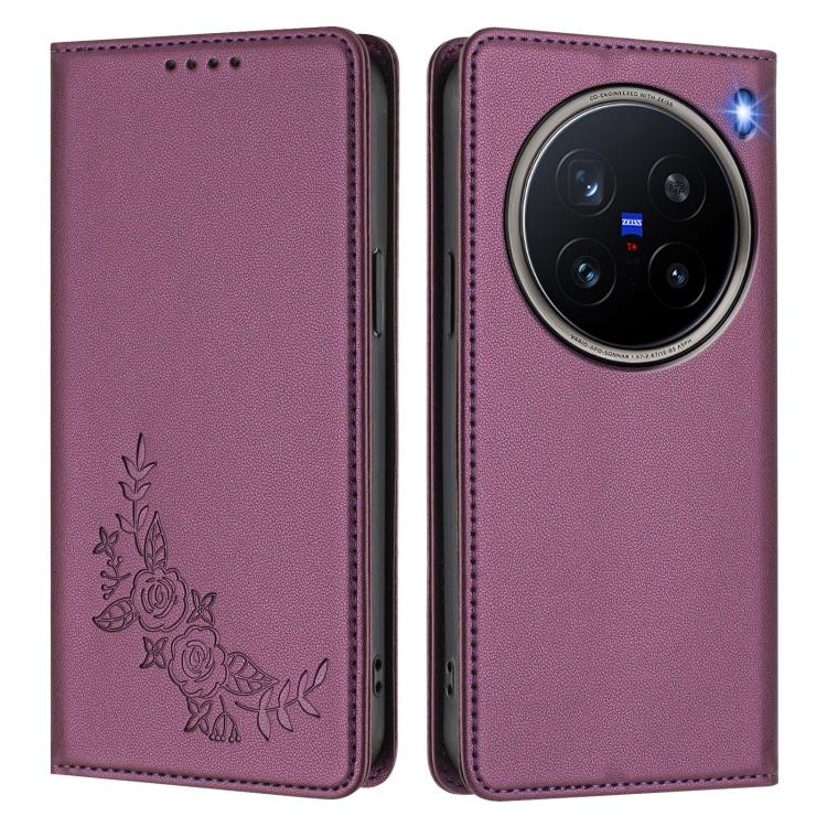For vivo X200 Pro 5G Peony Embossed Magnetic RFID Vegan Leather Phone Case