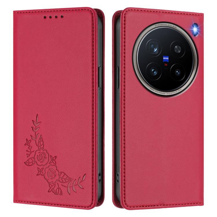 For vivo X200 Pro 5G Peony Embossed Magnetic RFID Vegan Leather Phone Case
