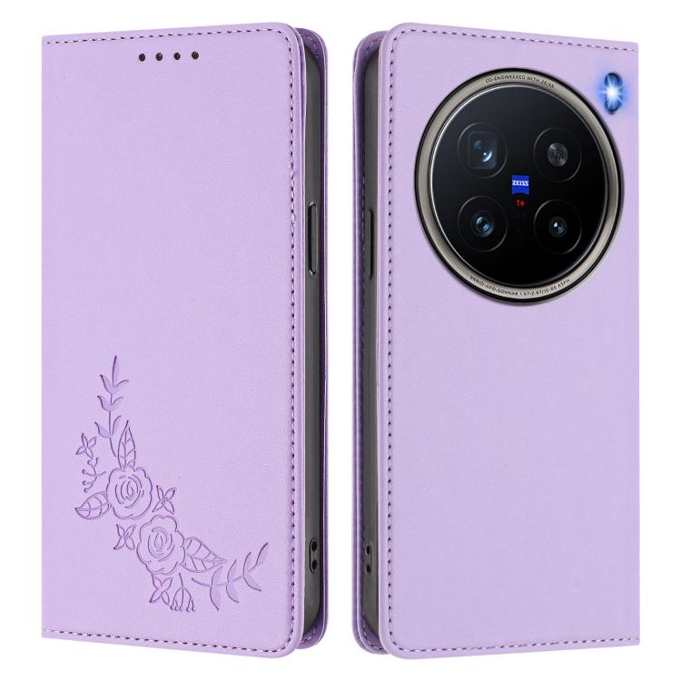 For vivo X200 Pro 5G Peony Embossed Magnetic RFID Vegan Leather Phone Case