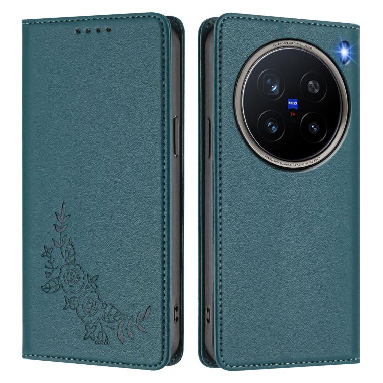 For vivo X200 Pro 5G Peony Embossed Magnetic RFID Vegan Leather Phone Case