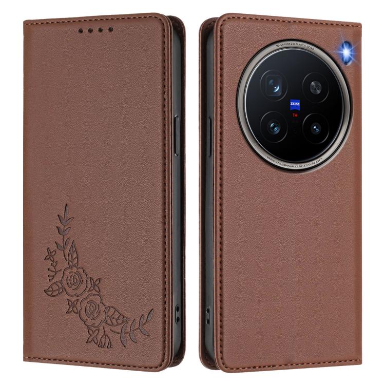 For vivo X200 Pro 5G Peony Embossed Magnetic RFID Vegan Leather Phone Case