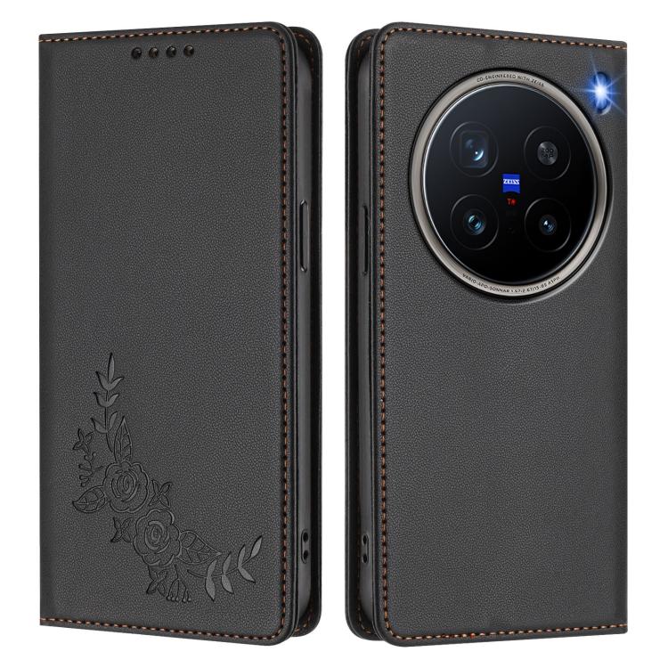 For vivo X200 Pro 5G Peony Embossed Magnetic RFID Vegan Leather Phone Case
