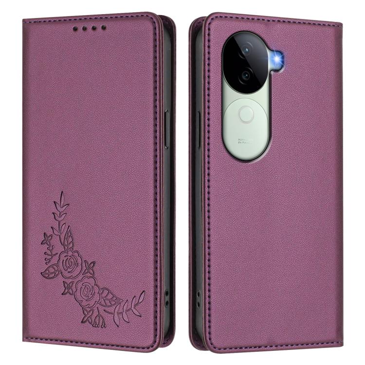 For vivo V40e 5G India / iQOO Z9s 5G Peony Embossed Magnetic RFID Vegan Leather Phone Case