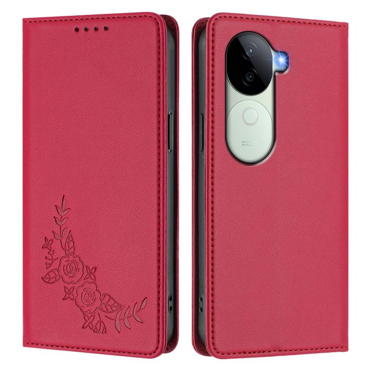 For vivo V40e 5G India / iQOO Z9s 5G Peony Embossed Magnetic RFID Vegan Leather Phone Case
