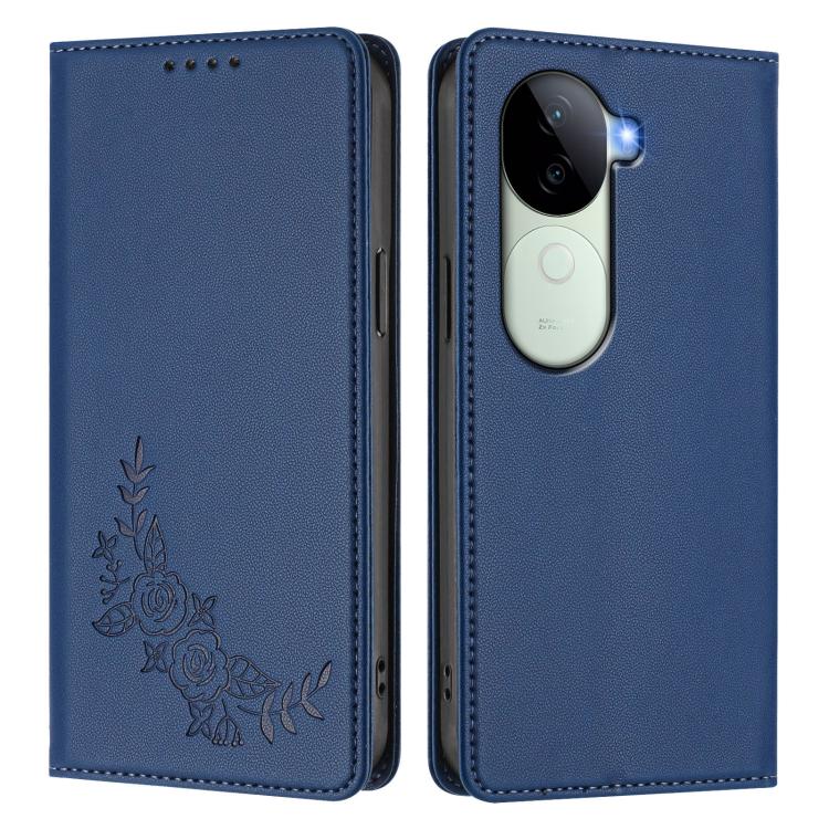 For vivo V40e 5G India / iQOO Z9s 5G Peony Embossed Magnetic RFID Vegan Leather Phone Case