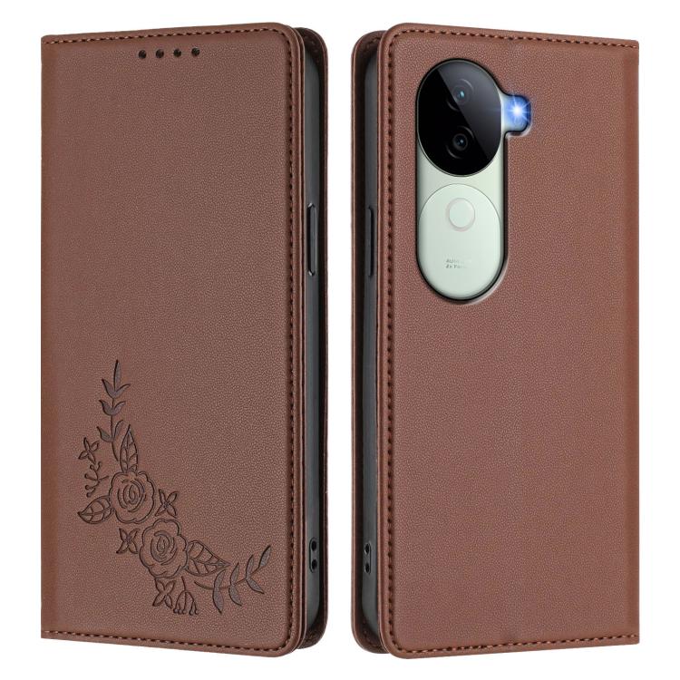 For vivo V40e 5G India / iQOO Z9s 5G Peony Embossed Magnetic RFID Vegan Leather Phone Case